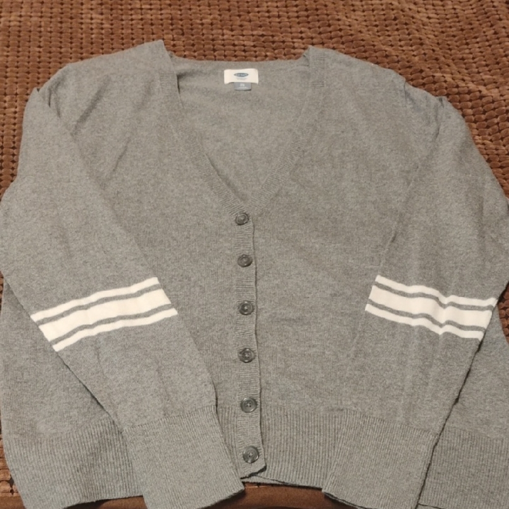 Gray Cardigan Sweater with White Stripes